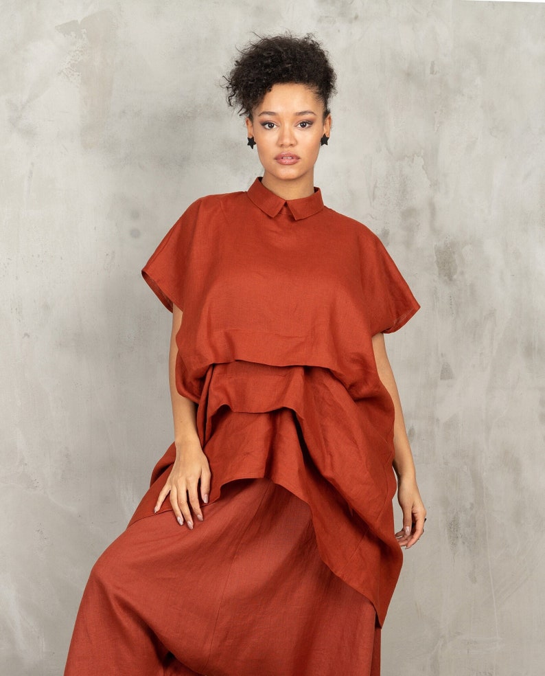Brick red linen tunic, Womens linen top avant garde clothing, Linen shirt women, Plus size tunic top, Asymmetric kaftan, plus size shirt image 1