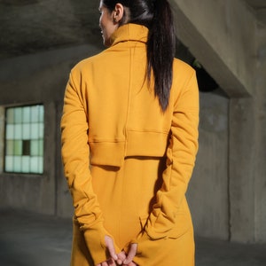 Asymmetrical set of two - cotton turtleneck top and drop crotch jumpsuit in mustard color, Organic women's plus size clothing avante garde