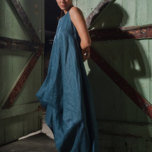 Petroleum blue summer linen maxi dress, Asymmetrical kaftan, Linen boho dress, Sustainable linen clothing, Slow fashion image 5