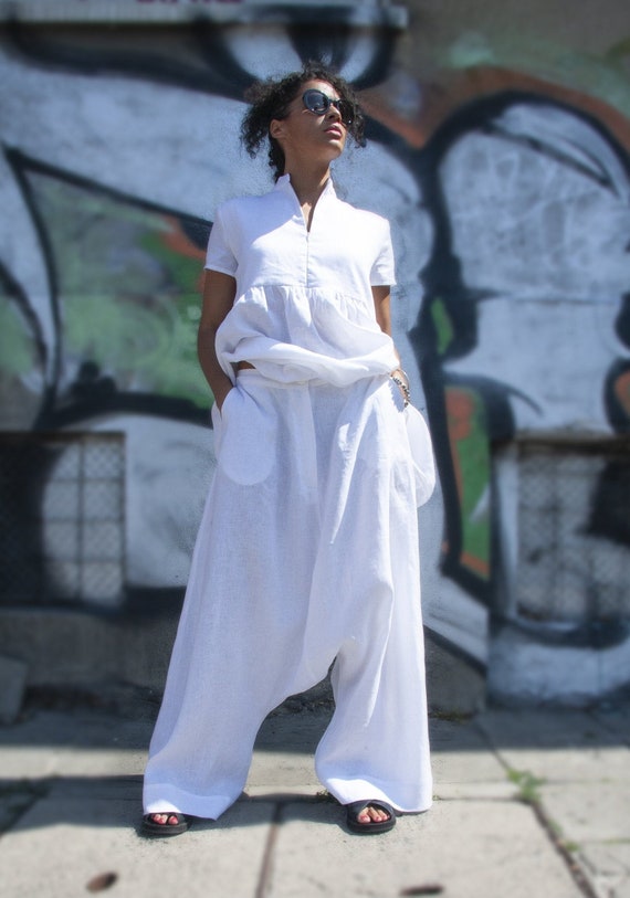 Women Women\'s, Fit Loose Size Linen Etsy Drop - Linen White Plus for Pants Avant Pants, Pants Crotch Linen Garde Harem