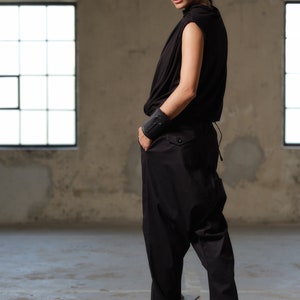 Black avant garde cotton drop crotch pants with asymmetrical buttons, Drop crotch pants women, Urban baggy trousers, Plus sizes available image 6