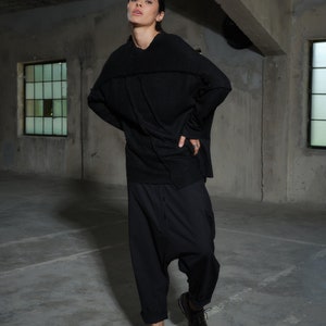 Avant garde merino wool drop crotch pants with asymmetrical details, Black harem pants women's, Baggy winter pants, Plus sizes available