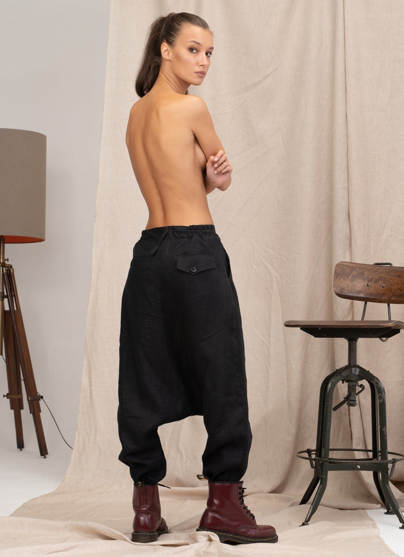 Zeitgenössische Leinenhose mit tiefem Schritt, Haremshose Damen, Avantgarde Leinenhose, Leinen Baggyhose Bild 5