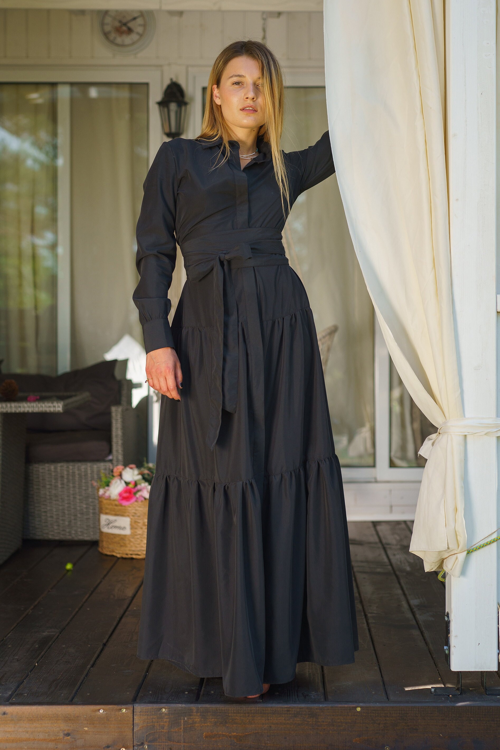Black Modal Maxi Dress: Long Sleeve Boho Fall Wedding Guest Dress Black Modal Maxi Dress: Long Sleeve Boho Fall Wedding Guest Dress