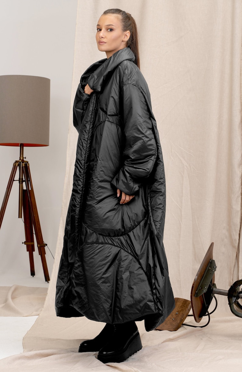 Avant garde black quilted transitional coat for women, Oversized women's puffer Jacket, Extravagant maxi coat with pockets image 4