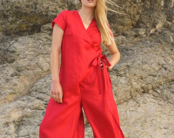 Linen Jumpsuit Women Linen Clothing Women, Wrap Jumpsuit Womens