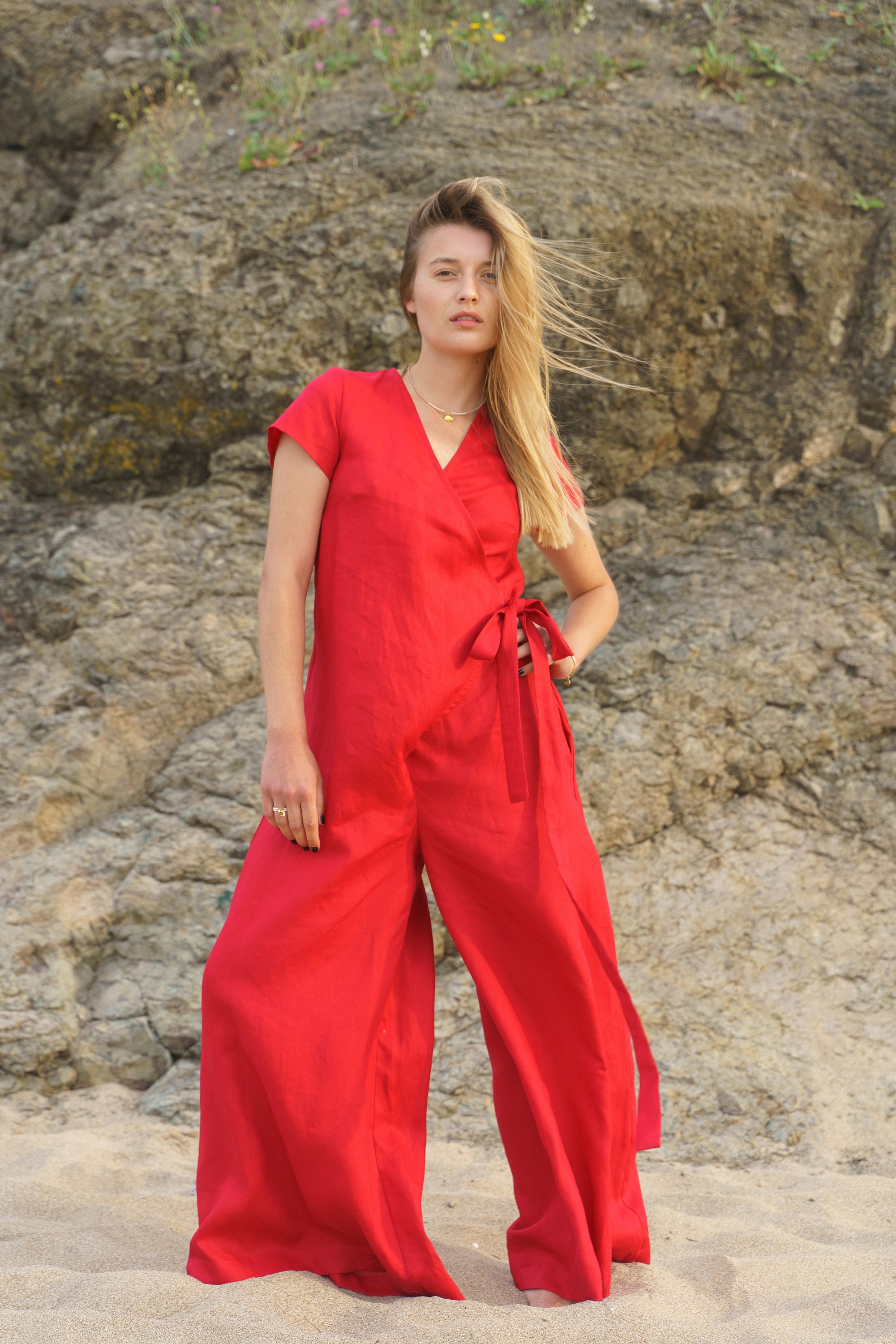 Brick Red Linen Jumpsuit, Wrap Front, Wide Leg, With Belt - Etsy