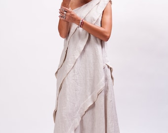 Beige linen kaftan dress linen clothing, Linen maxi dress bohemian dress for women, One shoulder maxi dress, Linen wedding dress