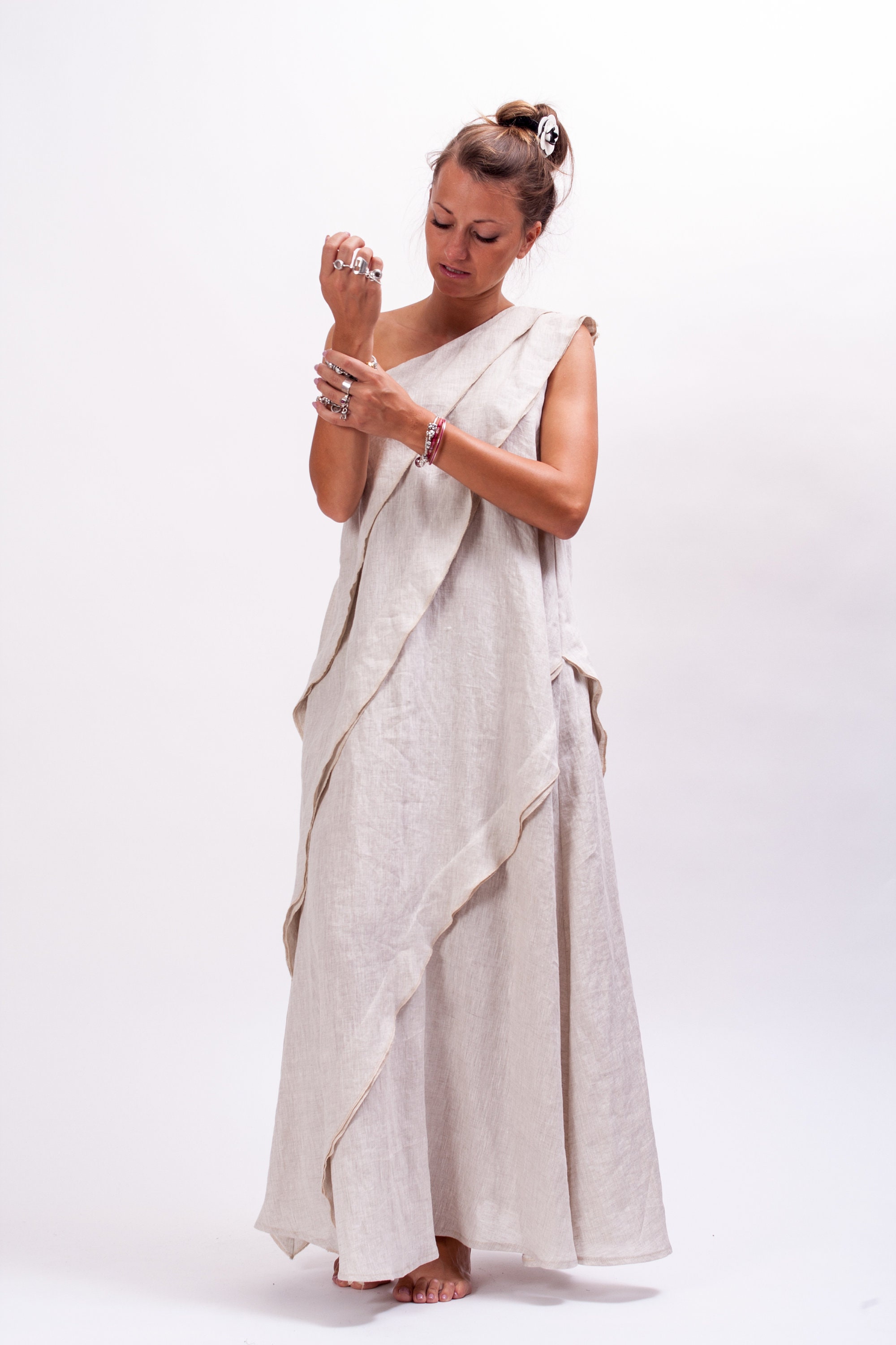 Beige Linen Kaftan Dress One Shoulder Bohemian Maxi Dress