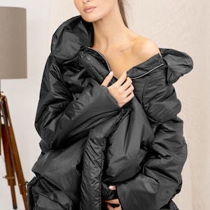 Avant Garde Black Quilted Transitional Coat for Women, Oversized Women's Puffer Jacket, Extravagant Maxi Winter Coat with Pockets image 9