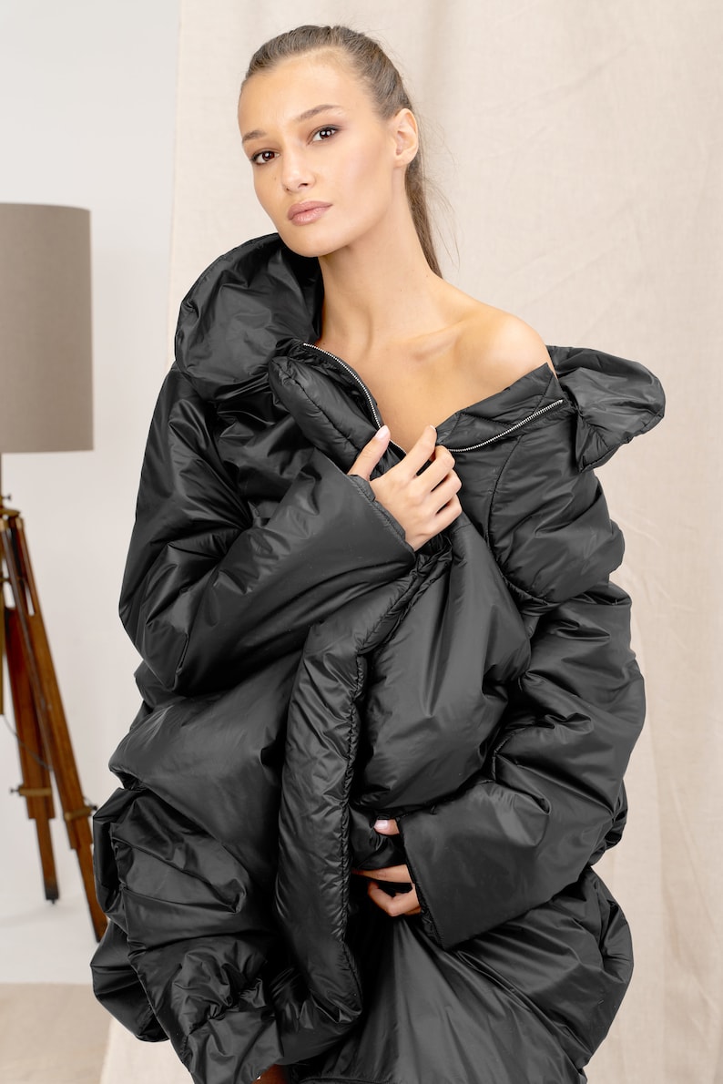 Avant garde black quilted transitional coat for women, Oversized women's puffer Jacket, Extravagant maxi coat with pockets image 9