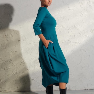 Asymmetrical viscose dress in turquoise color, Avant garde dress with pockets, Extravagant long formal dress, Plus sizes available
