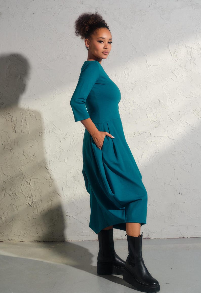 Asymmetrical viscose dress in turquoise color, Avant garde dress with pockets, Extravagant long formal dress, Plus sizes available