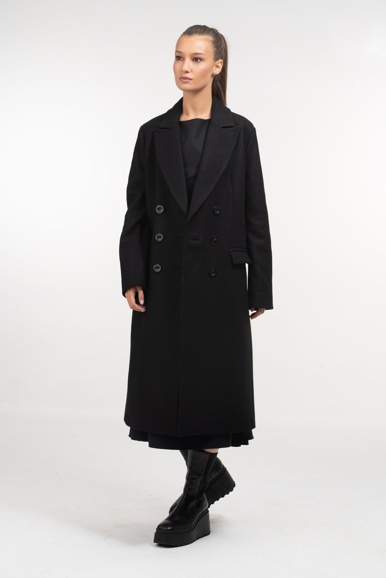 Long Black Double Breasted Wool Coat for Women, Oversized Winter Coat Womens, Winter Wool Cashmere Trench for Women