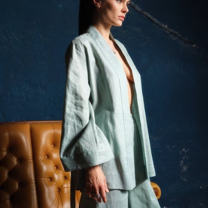 Japanese style linen kimono robe with belt, Linen clothing womens, Loose fit casual linen jacket in mint color, Plus size wrap housecoat image 3