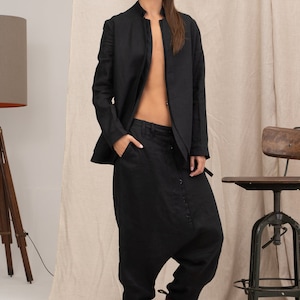 Zeitgenössische Leinenhose mit tiefem Schritt, Haremshose Damen, Avantgarde Leinenhose, Leinen Baggyhose Bild 2