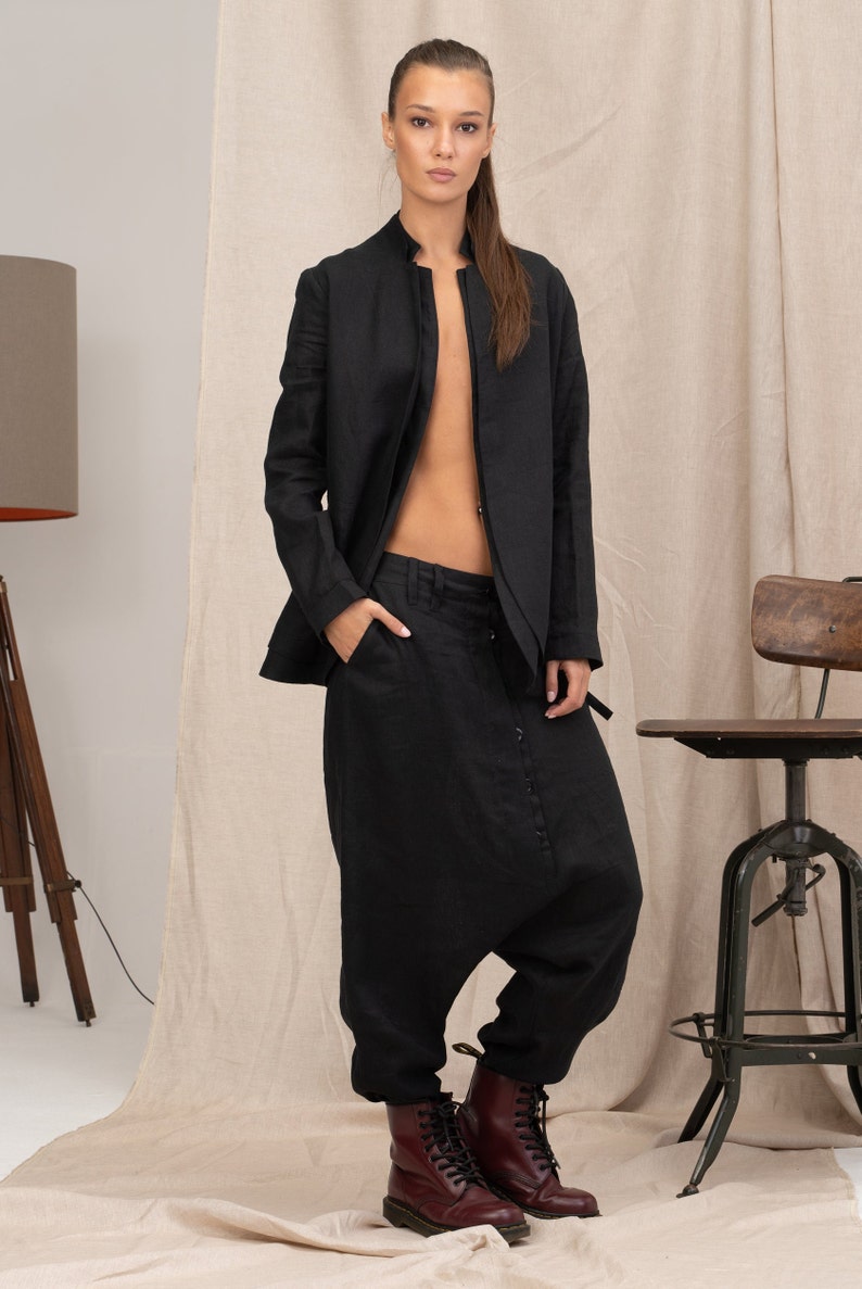 Contemporary drop crotch linen pants, Harem pants women's, Avant garde linen clothing, Linen baggy pants women image 2