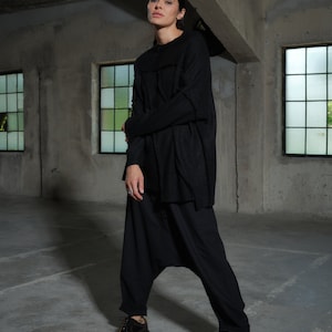 Avant garde merino wool drop crotch pants with asymmetrical details, Black harem pants women's, Baggy winter pants, Plus sizes available