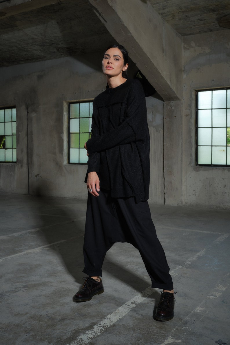 Avant garde merino wool drop crotch pants with asymmetrical details, Black harem pants women's, Baggy winter pants, Plus sizes available