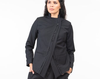 Schwarzer Wollblazer Frauen, Schwarze Anzugjacke Frauen, Asymmetrischer Blazer Frauen, Wollkleidung