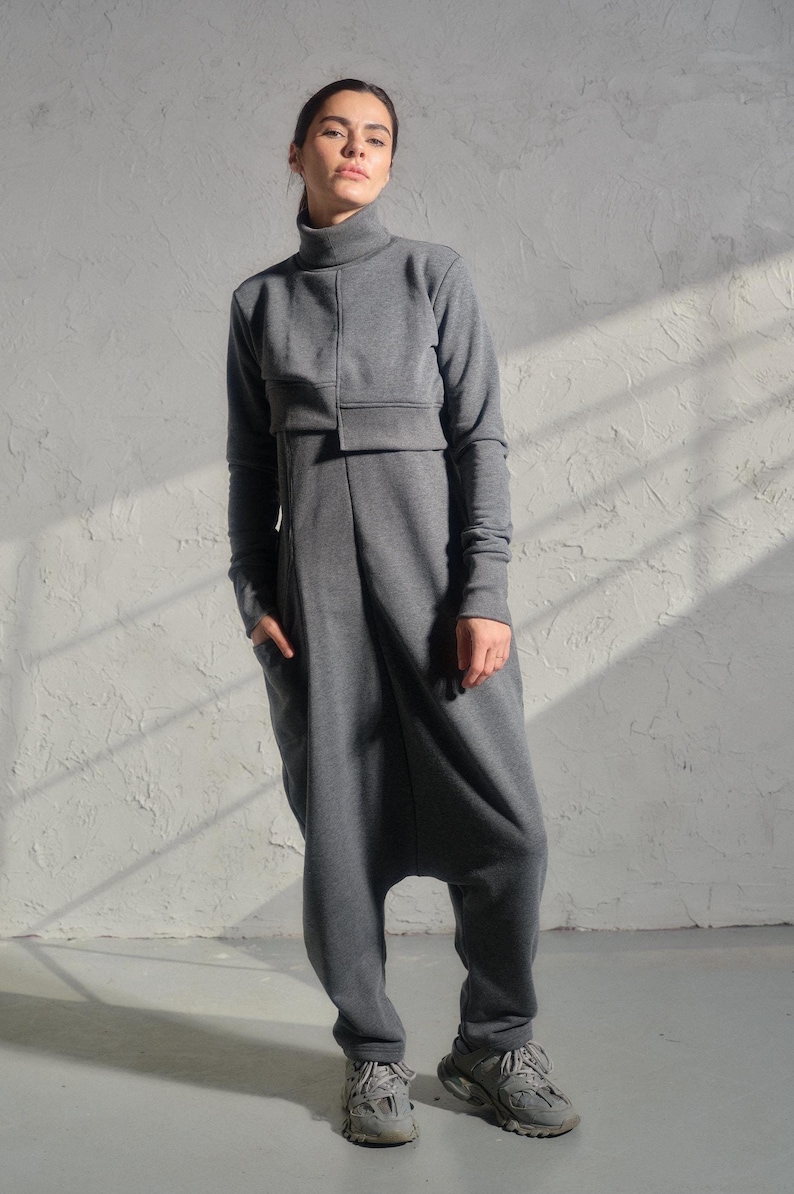 Asymmetrical set of two - cotton turtleneck top and drop crotch jumpsuit in dark grey color, Organic women's avante garde plus size clothing