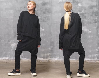 Oversized Black Tracksuit Set: Quilted Cotton Hoodie & Harem Pants