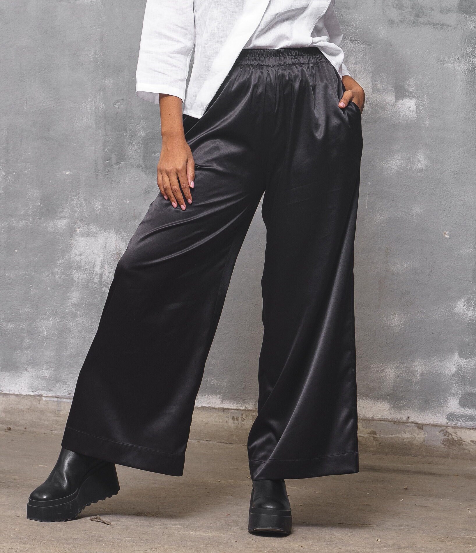 Style Maven Black Satin Belted Wide-Leg Pants