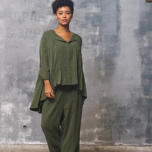 Khaki Lyocell Oversized Tunic: Asymmetric Women's Shirt