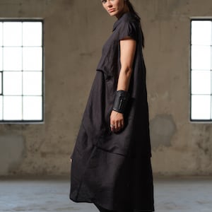 Black asymmetrical dress avant garde clothing women, Plus size midi linen dress womens, Capsule wardrobe, Linen clothing, Slow fashion