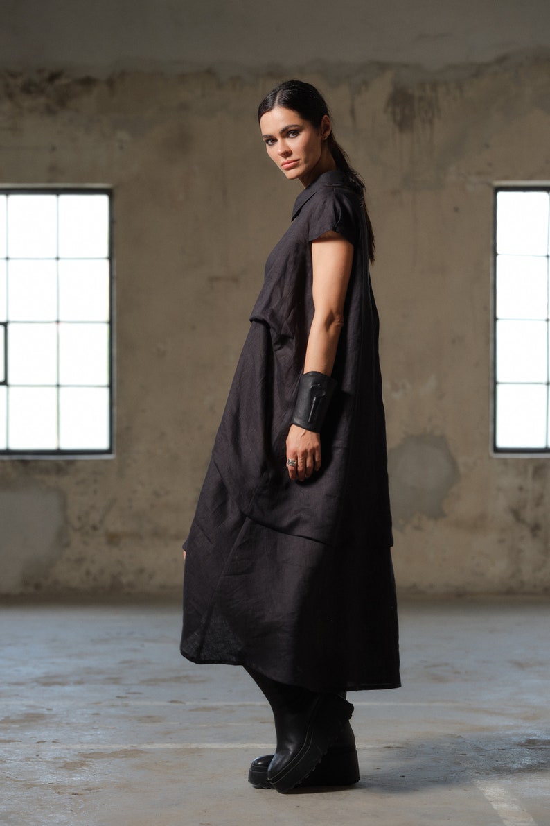 Black asymmetrical dress avant garde clothing women, Plus size midi linen dress womens, Capsule wardrobe, Linen clothing, Slow fashion