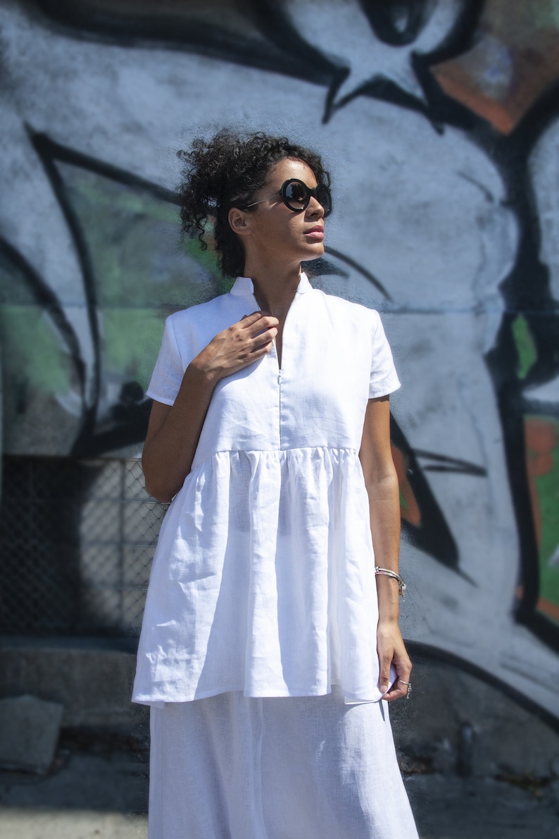 Tunique en lin blanc, chemise ample, chemise en lin blanc, caftan asymétrique, chemise blanche femme, chemise en lin, haut en lin, haut dété, caftan en lin White