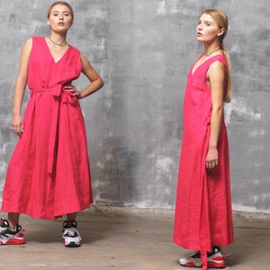 Raspberry red linen jumpsuit with belt organic clothing, Linen jumpsuit women linen clothing women, Raspberry red wide leg jumpsuit womens