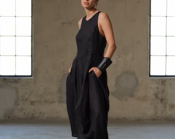 Black Linen Dress with Pockets, Loose Midi Dress, Oversized Minimal Dress, Avant Garde Clothing, Plus Size Dress, Summer Linen Dress