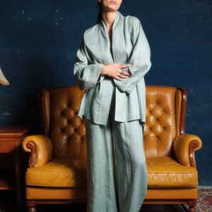 Japanese style linen kimono robe with belt, Linen clothing womens, Loose fit casual linen jacket in mint color, Plus size wrap housecoat image 5