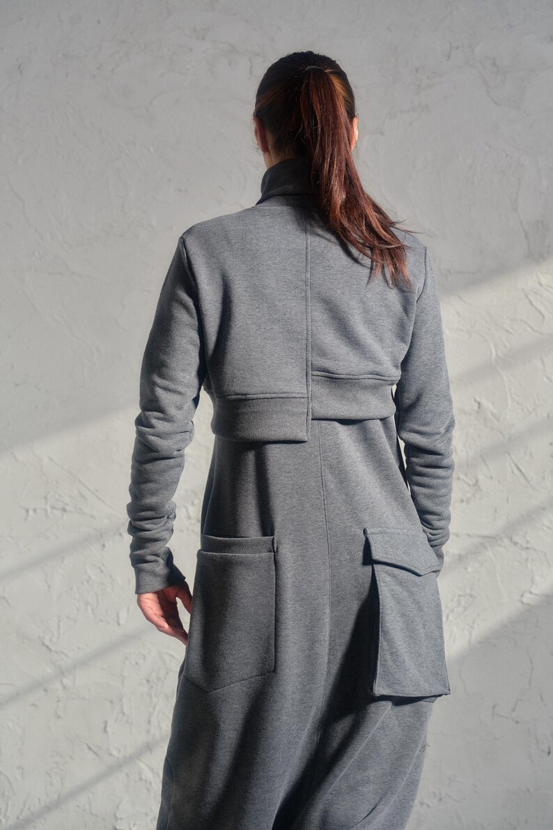 Asymmetrical set of two - cotton turtleneck top and drop crotch jumpsuit in dark grey color, Organic women's avante garde plus size clothing