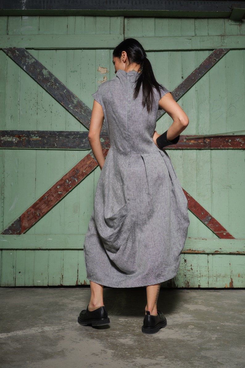 Gray melange summer linen midi dress, Asymmetrical kaftan, Linen boho dress, Balloon dress linen clothing, Long organic linen dress