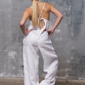 White linen jumpsuit womens, Wide leg linen overalls, Plus sizes available, Spaghetti straps jumpsuit, Summer boho oversized romper organic