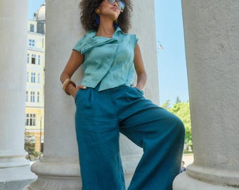 Wide leg linen pants women, Palazzo pants with pleats, Organic linen clothing, Plus sizes