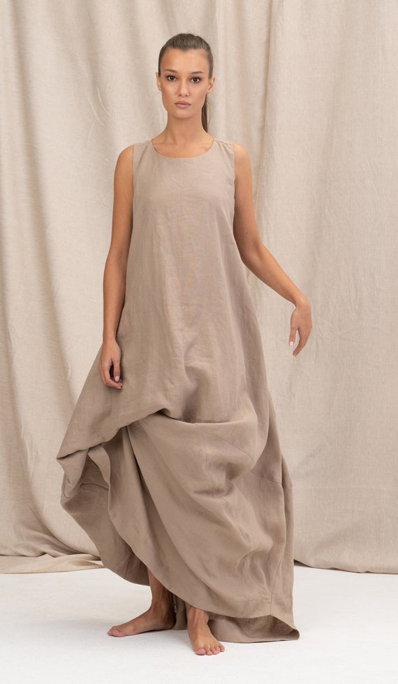 beige maxi dress summer Boho Summer Beach Maxi Dress  Sleeveless Ruffle A-Line Long Dress in Beige | Women's Boho Fashion | M