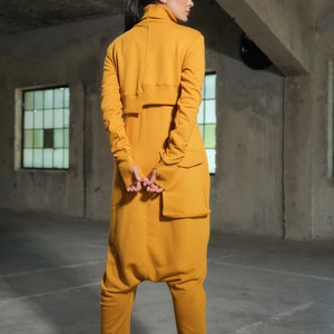 Asymmetrical set of two - cotton turtleneck top and drop crotch jumpsuit in mustard color, Organic women's plus size clothing avante garde