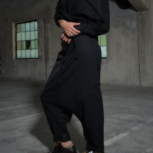 Avant garde merino wool drop crotch pants with asymmetrical details, Black harem pants women's, Baggy winter pants, Plus sizes available