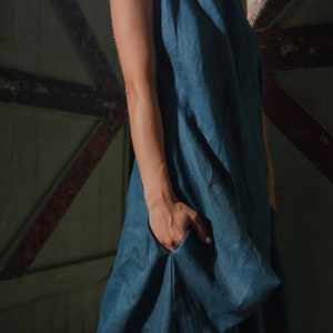 Petroleum blue summer linen maxi dress, Asymmetrical kaftan, Linen boho dress, Sustainable linen clothing, Slow fashion image 7