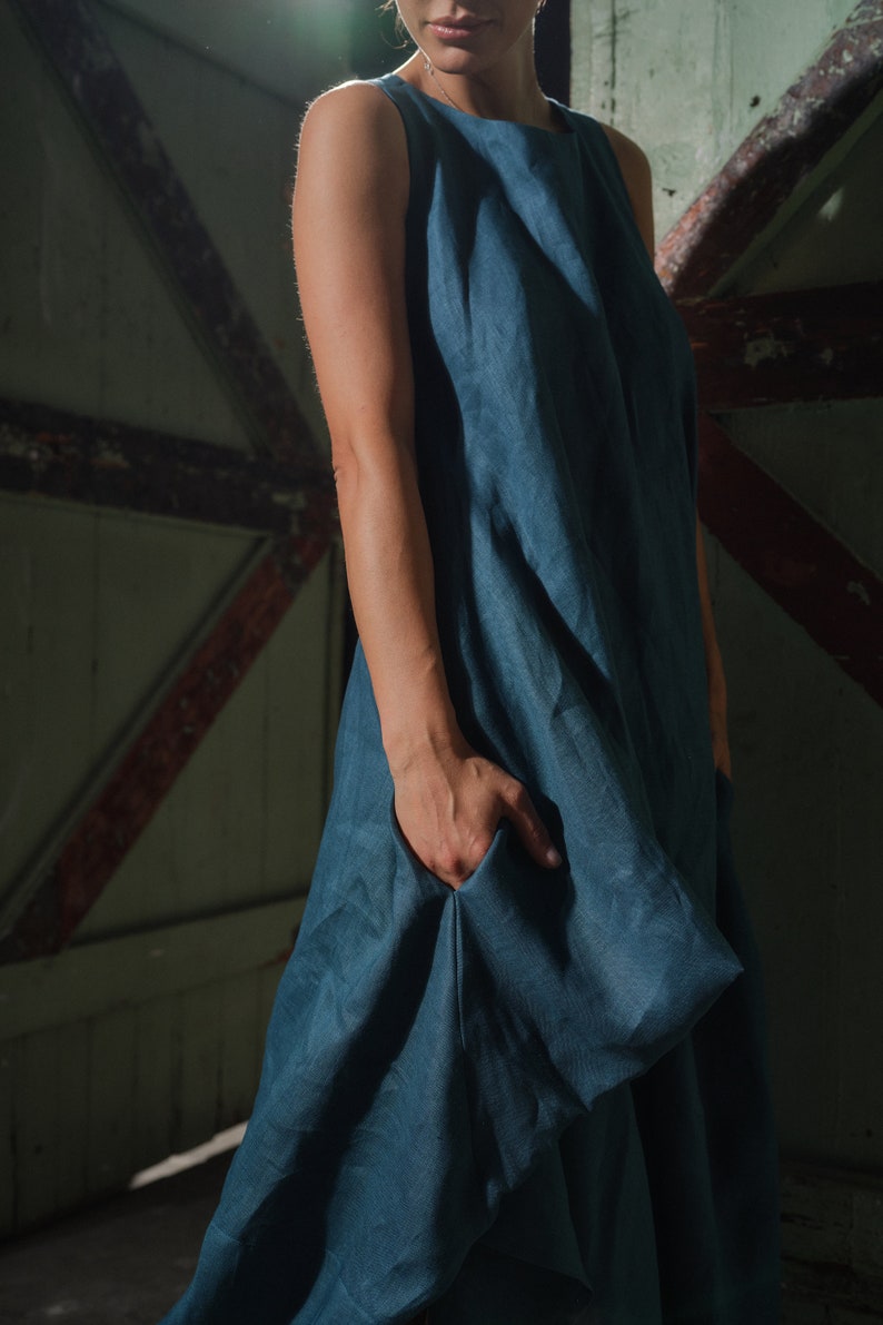 Petroleum blue summer linen maxi dress, Asymmetrical kaftan, Linen boho dress, Sustainable linen clothing, Slow fashion image 7