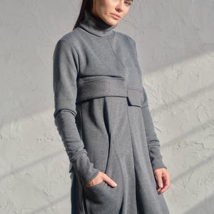 Asymmetrical set of two - cotton turtleneck top and drop crotch jumpsuit in dark grey color, Organic women's avante garde plus size clothing
