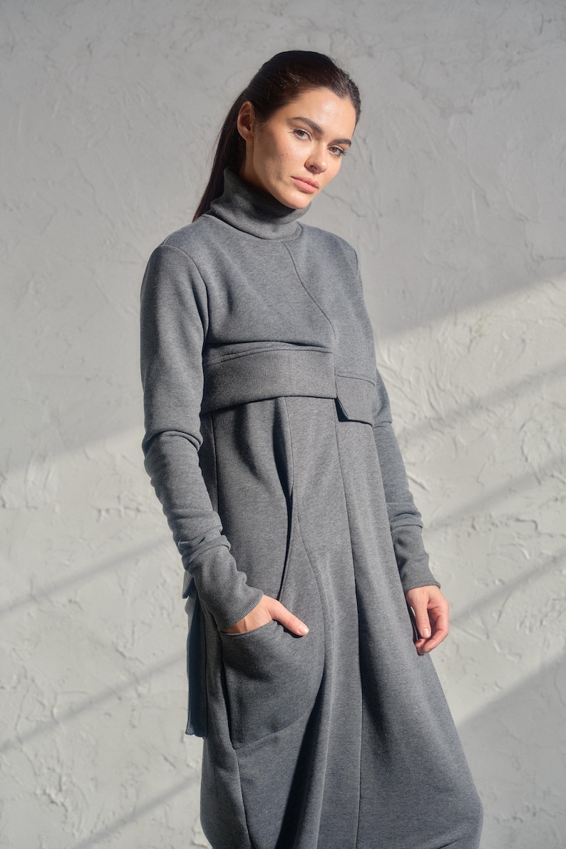 Asymmetrical set of two - cotton turtleneck top and drop crotch jumpsuit in dark grey color, Organic women's avante garde plus size clothing
