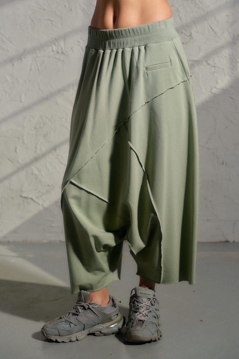 Avant garde drop crotch pants in Grean tea color, Streatwear harem pants womens, Organic cotton baggy pants, Plus sizes available