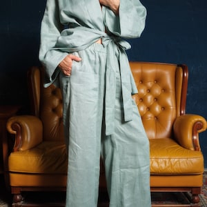 Wide leg linen pants women, Linen clothing, Green tea palazzo pants, Summer boho pants, Plus sizes available, Organic clothing, Slow fashion
