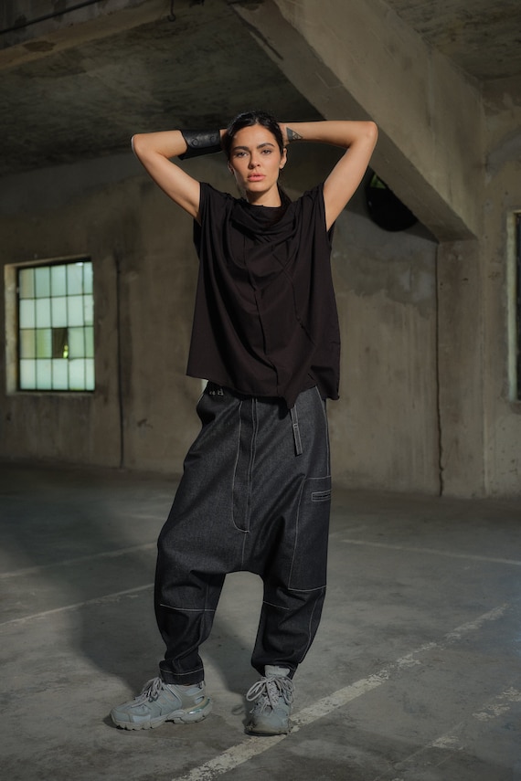 Avant Garde Denim Harem Pants With Asymmetrical Details, Drop Crotch Pants  Women, Black Cotton Baggy Pants - Etsy