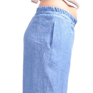 Light blue linen elastic waist pants women, Organic clothing Wide leg pants women, Linen clothing for women image 7