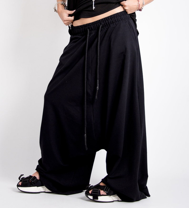 Casual harem pants women, Black drop crotch pants, Avant garde clothing, Harajuku pants Black